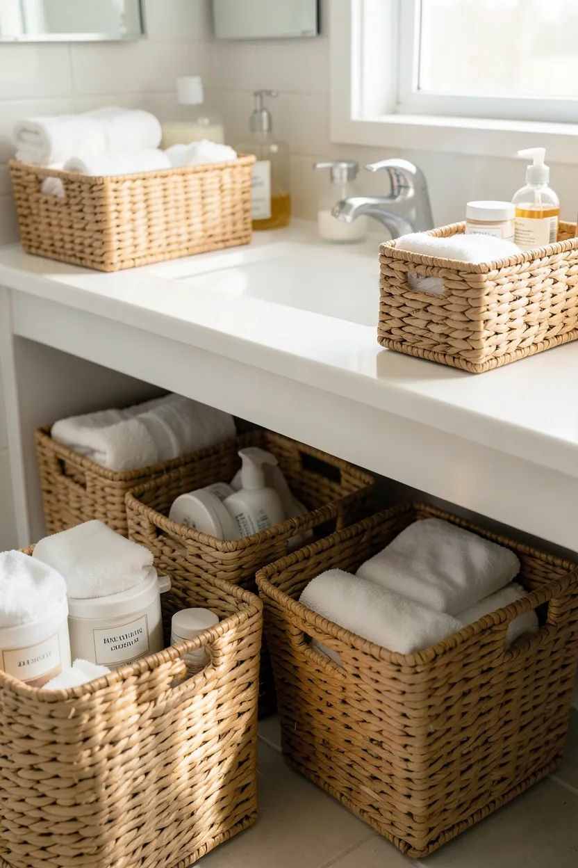 Woven seagrass storage baskets under a bathroom vanity holding rolled towels and toiletries — affordable organization for a small rental bathroom
