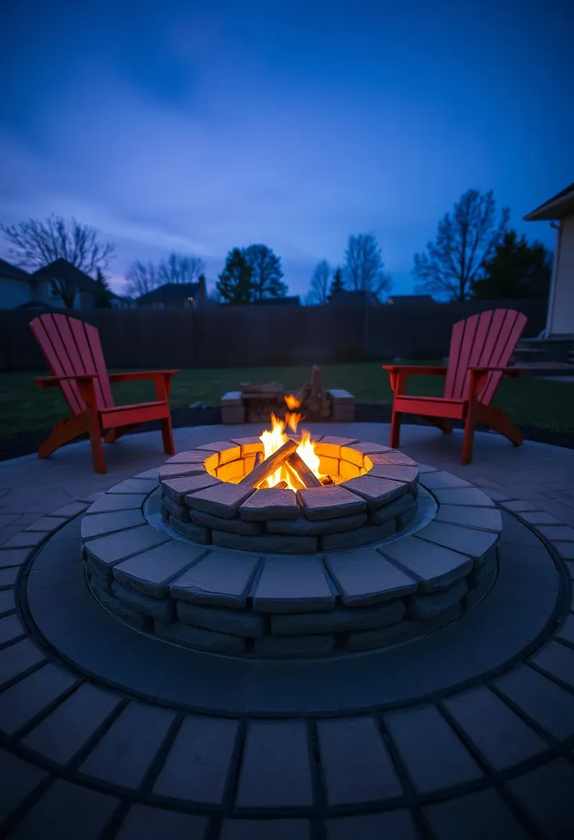 Round fire pit with a ring of pavers forming the surround on a backyard patio at dusk