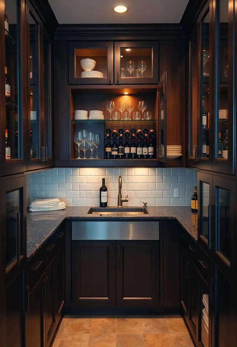 Basement butler's pantry with glass-front upper cabinets, wine storage, a secondary prep sink, and additional countertop workspace