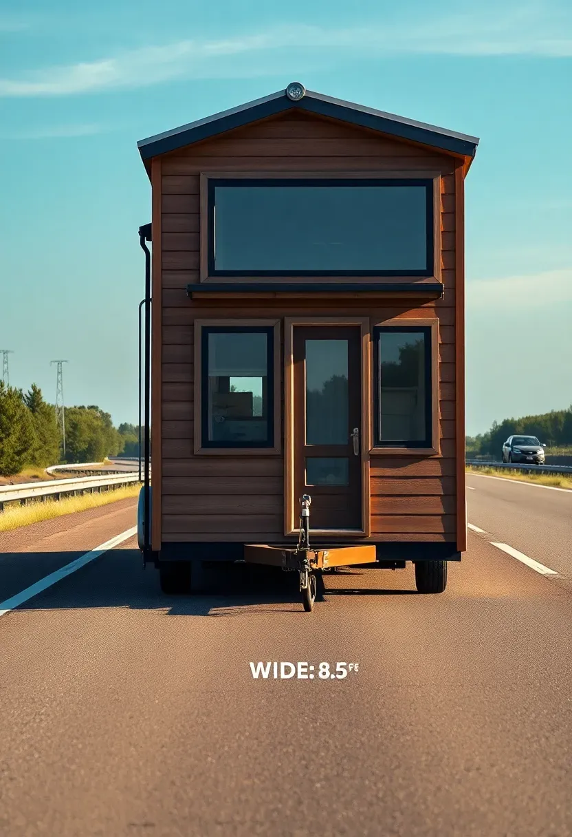 Hyper-realistic front exterior view of a tiny house being towed on highway showing width comparison to lane markings, approximately 8.5 feet wide. Modern tiny house design with large windows, metal roof, wood siding. Clear daylight with subtle shadows showing depth. Lifestyle documentary mood. Sharp details on house and trailer. No text, no logos, no watermarks.</p>