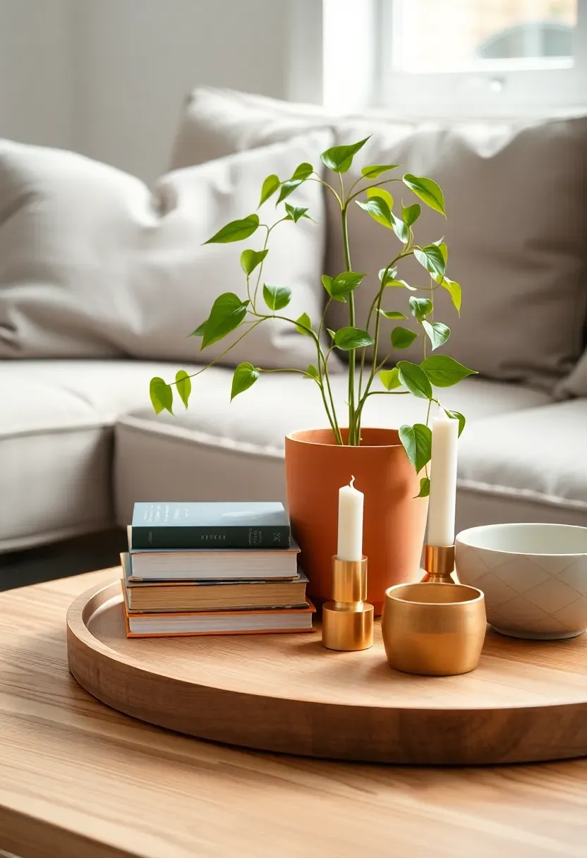Living room coffee table styled with a trailing pothos in a terracotta pot, a stack of books with coordinating spines, a single candle, and a small ceramic bowl — minimal and curated
