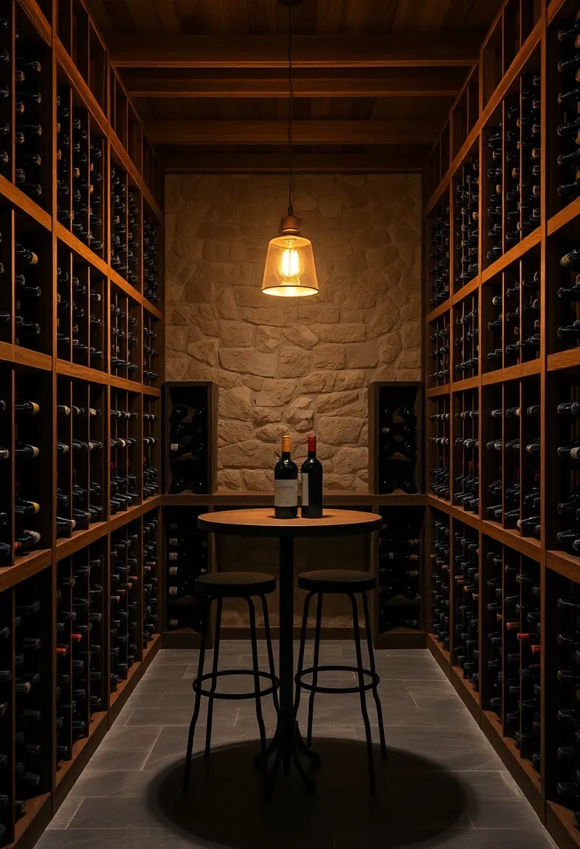 Basement wine cellar room with floor-to-ceiling wooden wine racks, a small tasting table, stone accent wall, and dim amber lighting