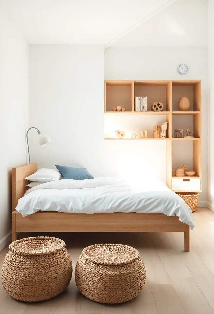 Clean minimalist Scandinavian boy bedroom with white walls, light birch wood furniture, and simple geometric toys