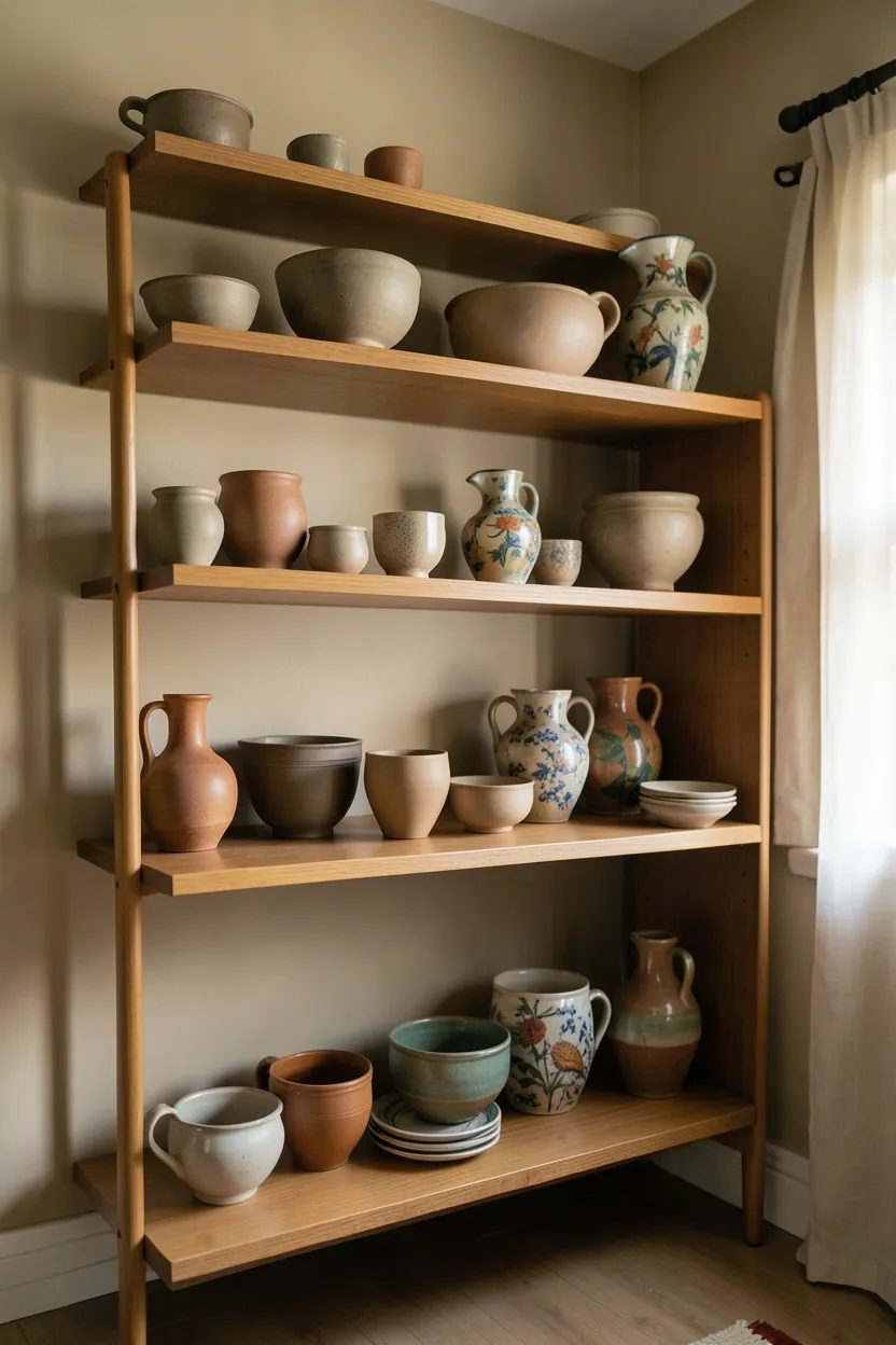 Curated vintage ceramic vases and stoneware pots grouped on open wood shelves in a warm modern vintage living room