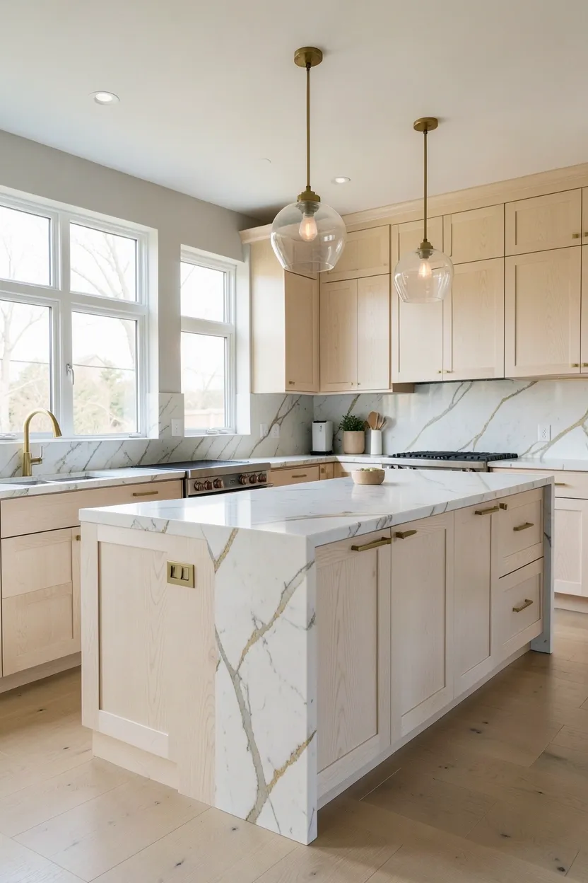 Hyper-realistic wide shot of a modern kitchen with white oak cabinets and marble countertops. White oak flat-panel cabinets throughout with visible natural grain. Large island in same white oak with waterfall edge featuring white marble with subtle gray and gold veining. Brass hardware on all cabinets and drawers. Three glass shade pendant lights over island. Neutral walls in pale warm gray. Large windows provide natural light reflecting from marble surfaces. Clean organized surfaces. No text, no logos, no watermarks.</p>