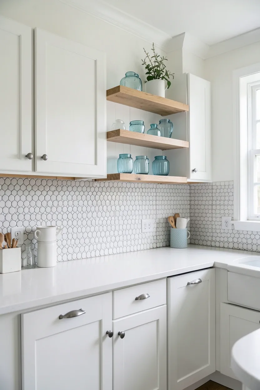 Coastal kitchen backsplash with soft white and seafoam green penny tiles, light gray grout, and white cabinetry — vintage beach cottage texture