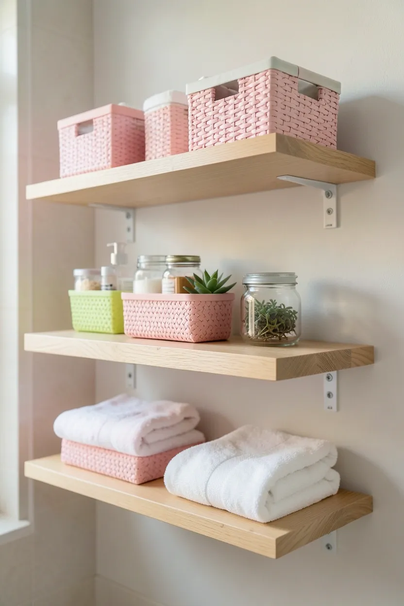 Open floating wooden shelves in a Toca Boca bathroom displaying woven baskets, glass jars, and small potted plants at varying heights