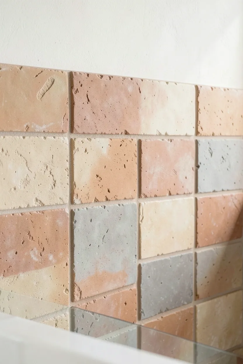 Handmade terracotta clay tiles as backsplash accent behind a bathroom vanity with visible color variations and earthy warmth