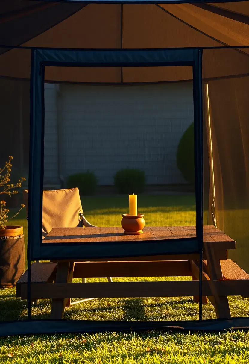 A large mesh screen tent set up over a picnic table in a backyard with camping chairs inside and a citronella candle burning at the entrance