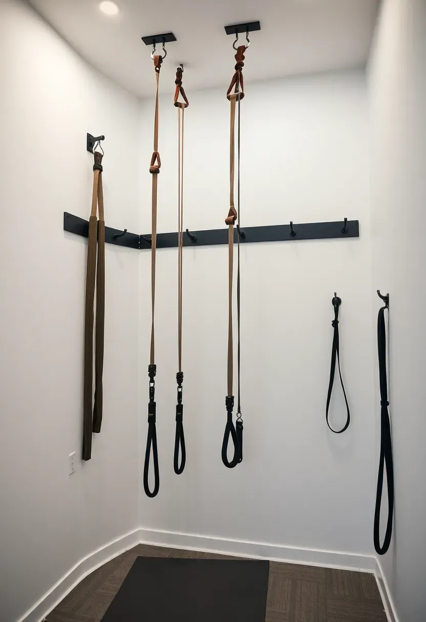 Suspension trainer straps mounted in a small apartment corner with exercise mat on the floor — compact bodyweight gym setup