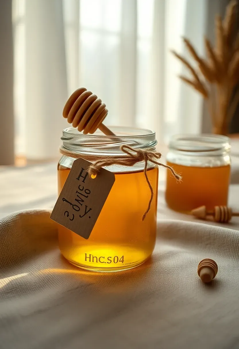 small honey jar with wooden dipper tied with twine and a kraft paper tag on linen tablecloth