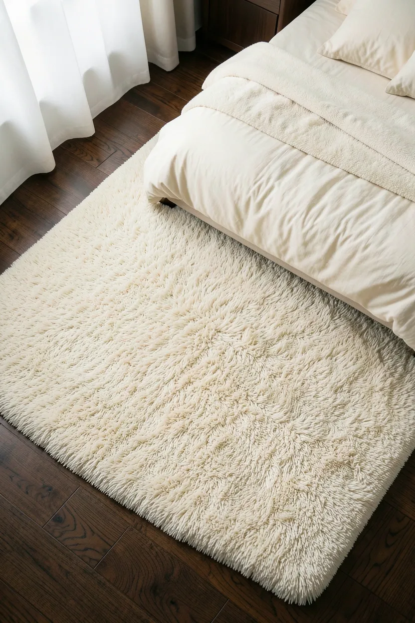 Thick cream high-pile rug extending under a king bed in a cozy modern luxury bedroom with warm wood floors