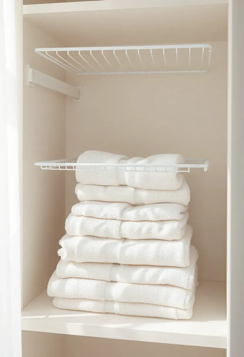 White shelf riser inside a bathroom closet creating two levels of neatly folded towels