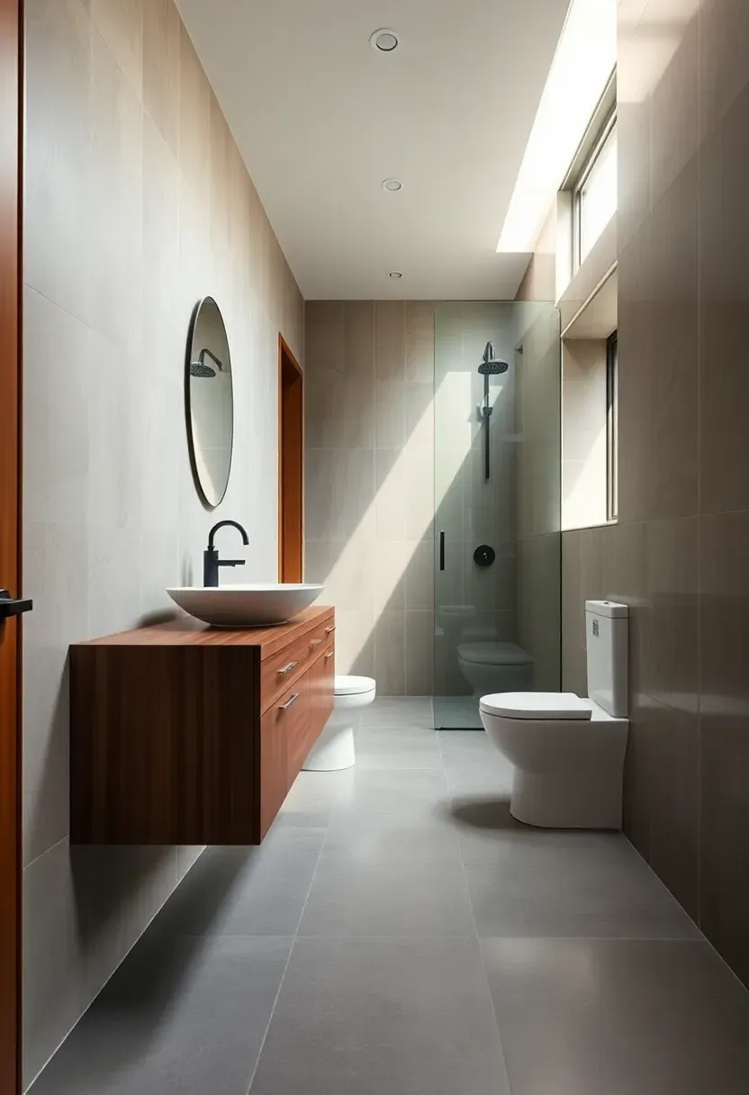 Long narrow galley-style bathroom with fixtures lined along one wall and a window at the far end