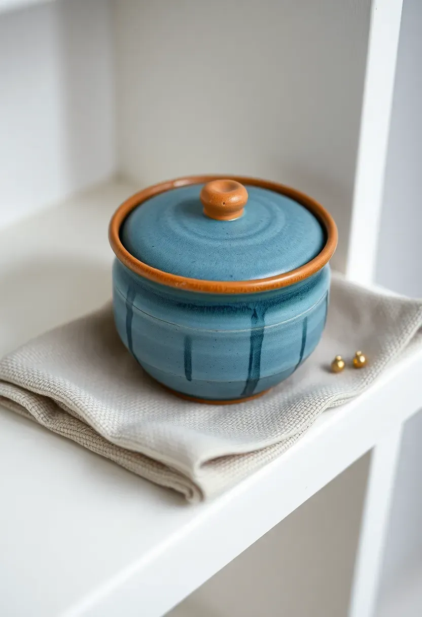 handmade ceramic pinch pot with a small lid glazed in soft blue tones
