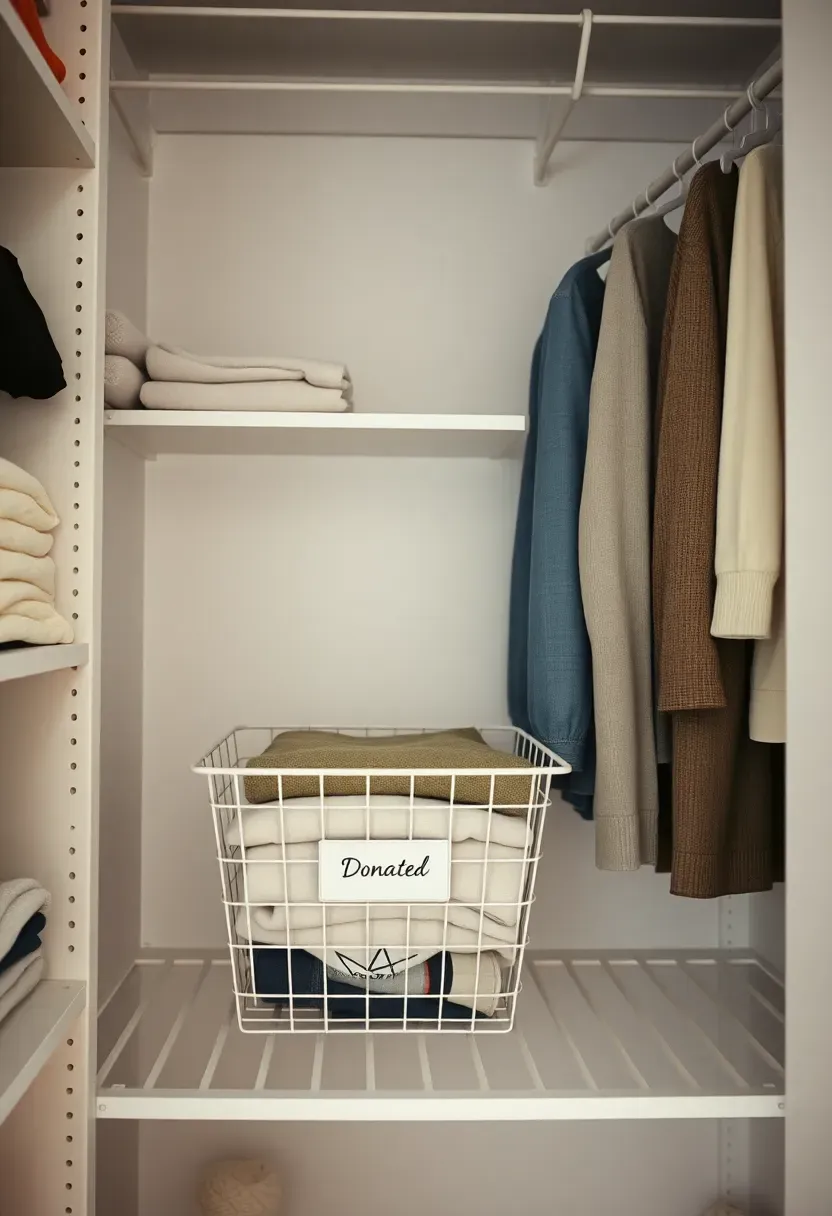 Hyper-realistic view of minimalist closet interior showing white wire basket on lower shelf labeled 