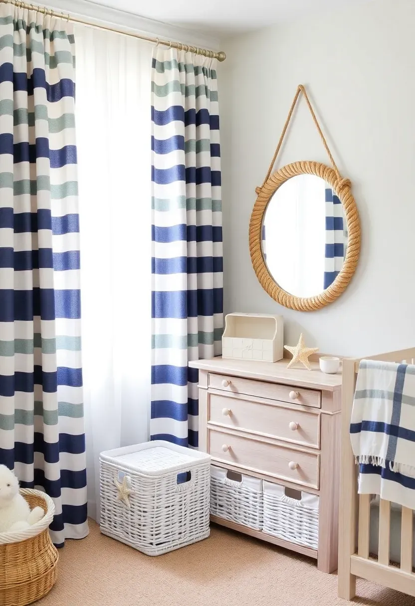 Coastal nursery corner with blue and white palette and rope detailing