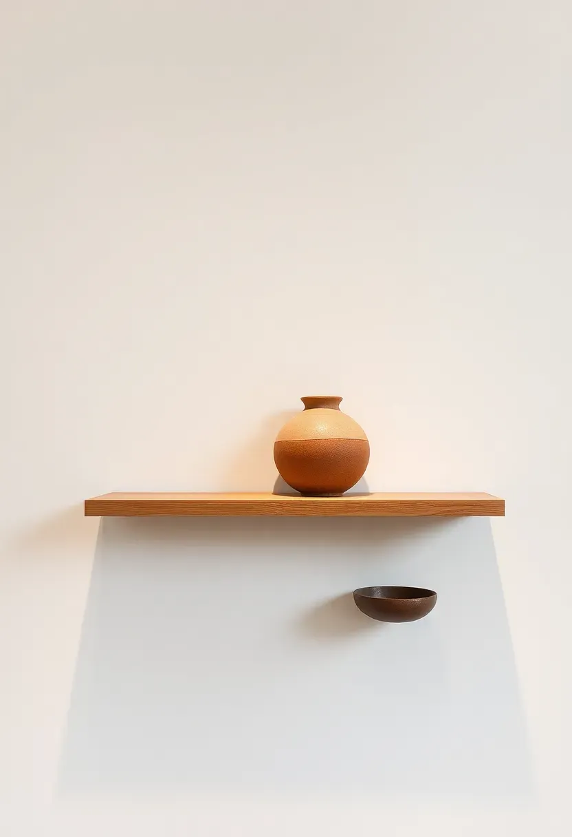Full view of a single styled shelf — tall vase at left, mid-height ceramic at center, small low bowl at right, all in warm earthy tones on a pale oak shelf against soft white wall, 2:3 portrait