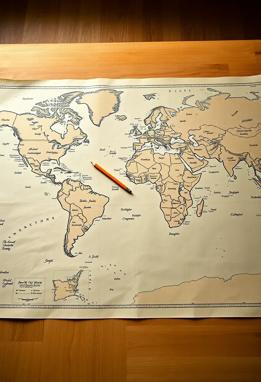 illustrated vintage-style world map framed as a baby shower guest book with guests signatures and short messages written in the ocean and country areas around a central birth announcement design