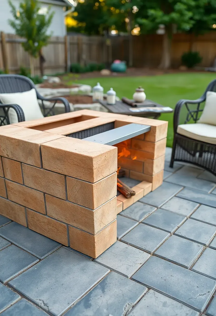A prefab modular outdoor fireplace kit assembled from interlocking concrete blocks on a paver patio with two wicker chairs
