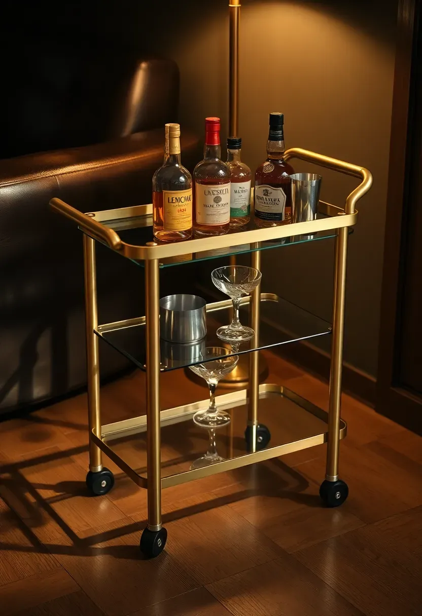 Stylish rolling bar cart with brass frame and glass shelves, positioned near a basement seating area with bottles and cocktail tools displayed
