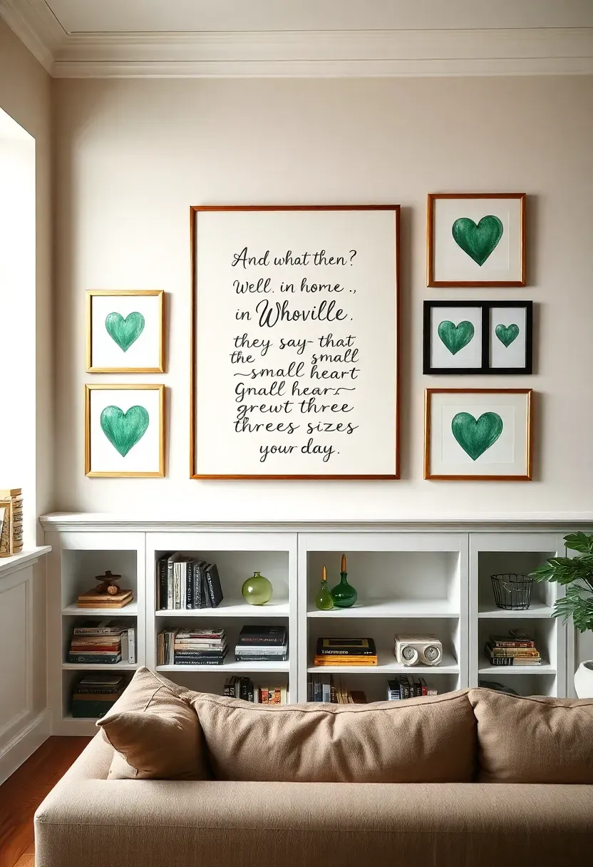 Hyper-realistic wide shot of a gallery wall in a living room featuring large central framed print with elegant typography reading 'And what happened then? Well, in Whoville they say that the Grinch's small heart grew three sizes that day' in black script on cream background, surrounded by six smaller frames with heart illustrations in various shades of green from sage to emerald, some hearts anatomical style others simple shapes, mix of gold and black frame styles. Cream walls with gray accent wall visible, white built-in bookshelves with books and decor below gallery wall, beige sofa partially visible. Materials: paper prints, wood frames, glass. Soft natural daylight from window on left creating even illumination, subtle shadows from frames adding depth. Inspirational mood. Shallow depth of field with gallery wall sharp while showing full living room context. No text, no logos, no watermarks.</p>