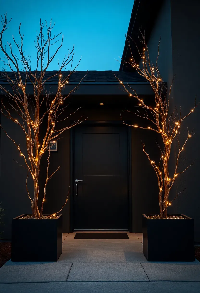 Hyper-realistic front view of a modern residential entrance featuring two large planters flanking the front door, each containing dramatic arrangements of bare branches wrapped in warm white mini LED lights creating organic upward-reaching sculptural forms against the dark facade. Materials: dark contemporary planters, natural bare branches with twisted organic forms, warm white mini LED lights wrapped around branch structures, modern door with minimal hardware, smooth stucco facade, concrete porch. Natural evening darkness with organic branch sculptures glowing warmly against dark modern surfaces creating elegant contemporary art pieces, cool blue ambient sky. Artistic contemporary mood like modern art museum holiday installation. Shallow depth of field, sharp details on nearest branch sculpture, minimalist composition with strong organic forms, dramatic shadows, no text or watermarks.</p>