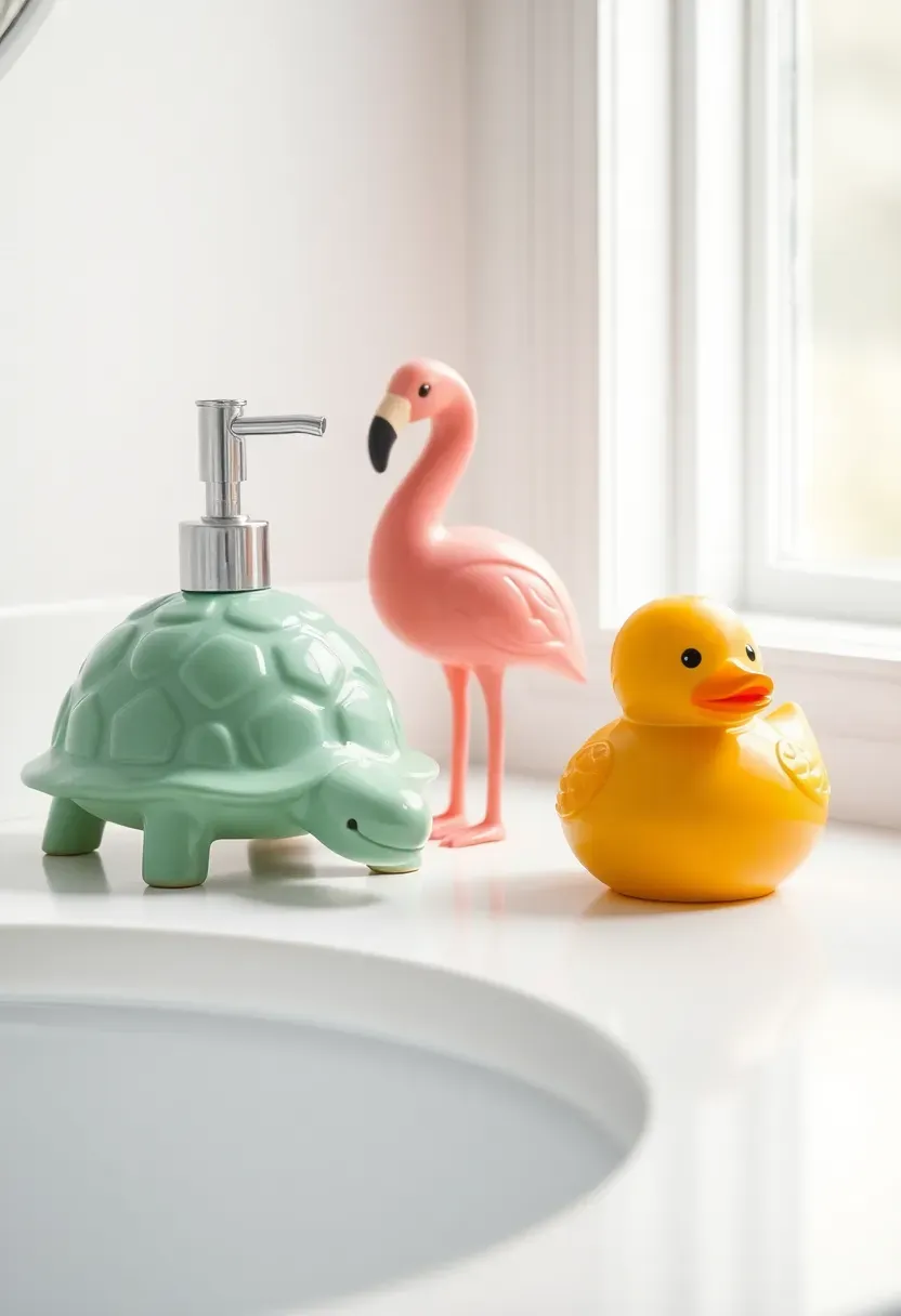 Colorful animal-shaped soap dispensers including a mint turtle and coral flamingo on a kids' bathroom countertop