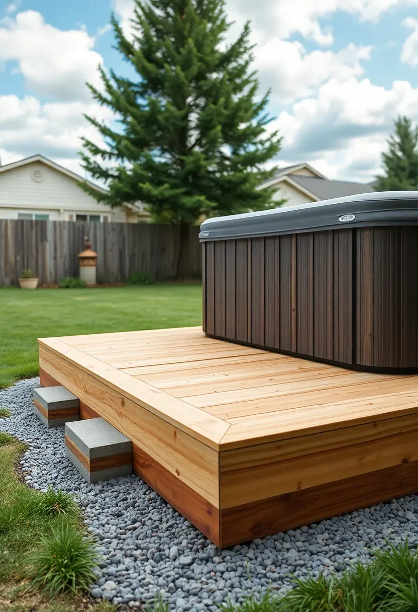 A freestanding wooden platform deck resting on a compacted gravel base next to a portable swim spa in a grassy backyard