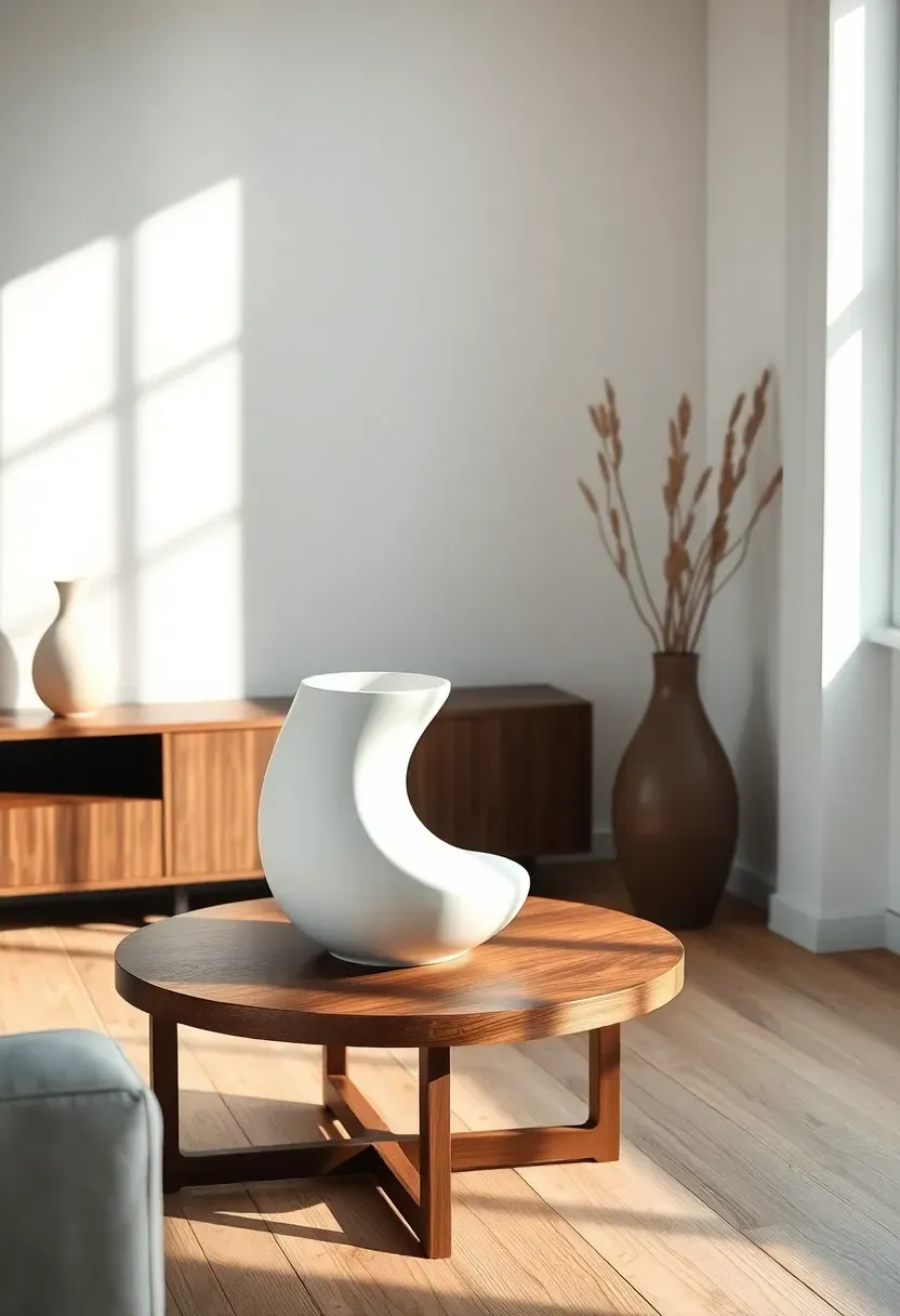 Single large sculptural ceramic piece centered on a round walnut side table