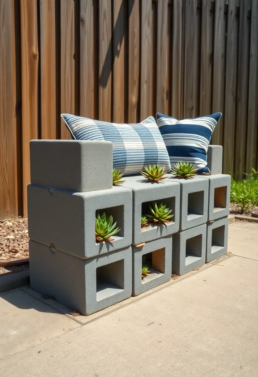 Simple cinder block and timber bench against a backyard fence with succulents planted in the block holes and a striped outdoor pillow