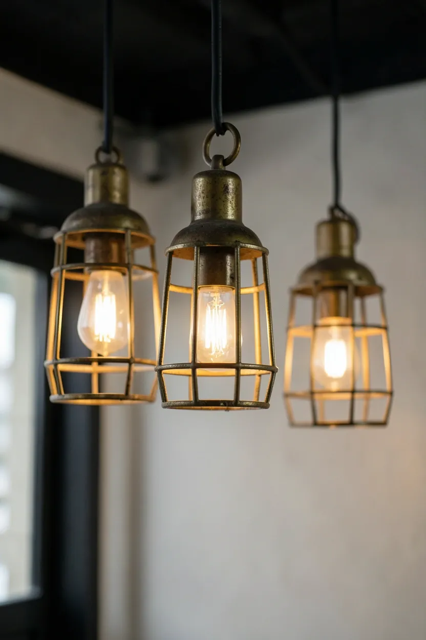 Aged brass and black iron pendant lights with Edison bulbs adding industrial warmth to modern farmhouse living room