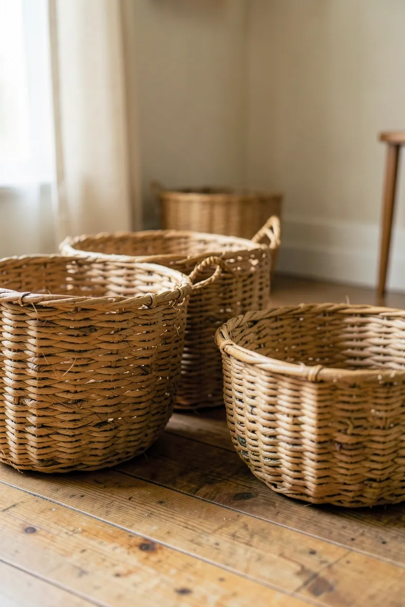 Group of woven seagrass and rattan baskets in varying sizes storing blankets and magazines in a wabi sabi living room