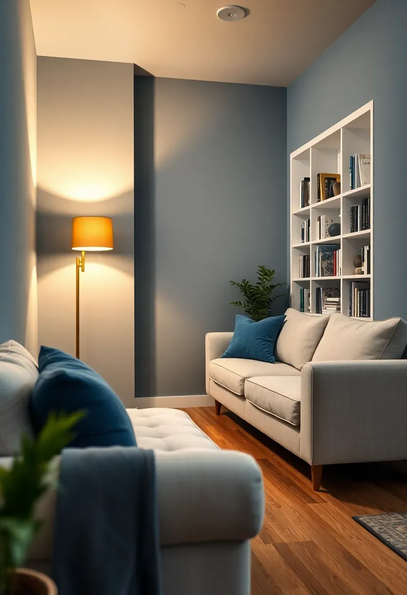 basement living space with pale denim blue walls and white shelving