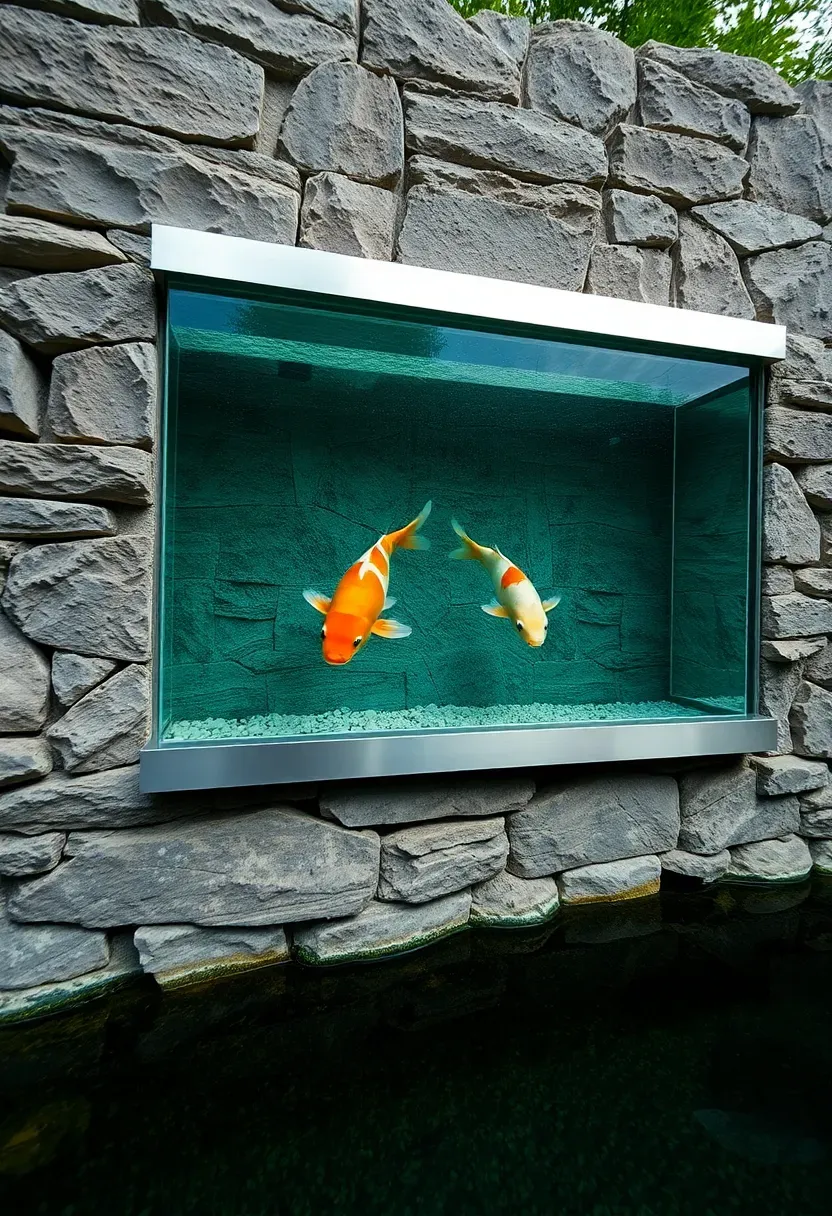 Koi pond with a built-in glass viewing window set into a stone retaining wall showing koi swimming underwater