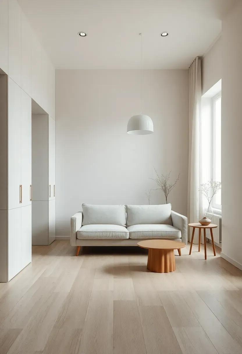 Hyper-realistic 3/4 view of a minimalist room with floor-to-ceiling flush storage, low sofa, simple side table. Materials: matte white cabinetry, white oak floor, linen, brushed steel. Warm diffused window light, soft neutrals with warm wood accents. Mood: orderly, architectural, quiet. Shallow depth of field, sharp details on products, balanced composition, soft shadows, visible room context. No text, no logos, no watermarks.</p>