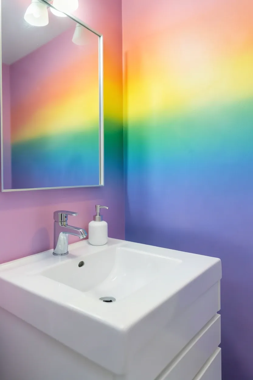 Toca Boca mansion bathroom sink area with rainbow gradient ombre wallpaper behind white vanity