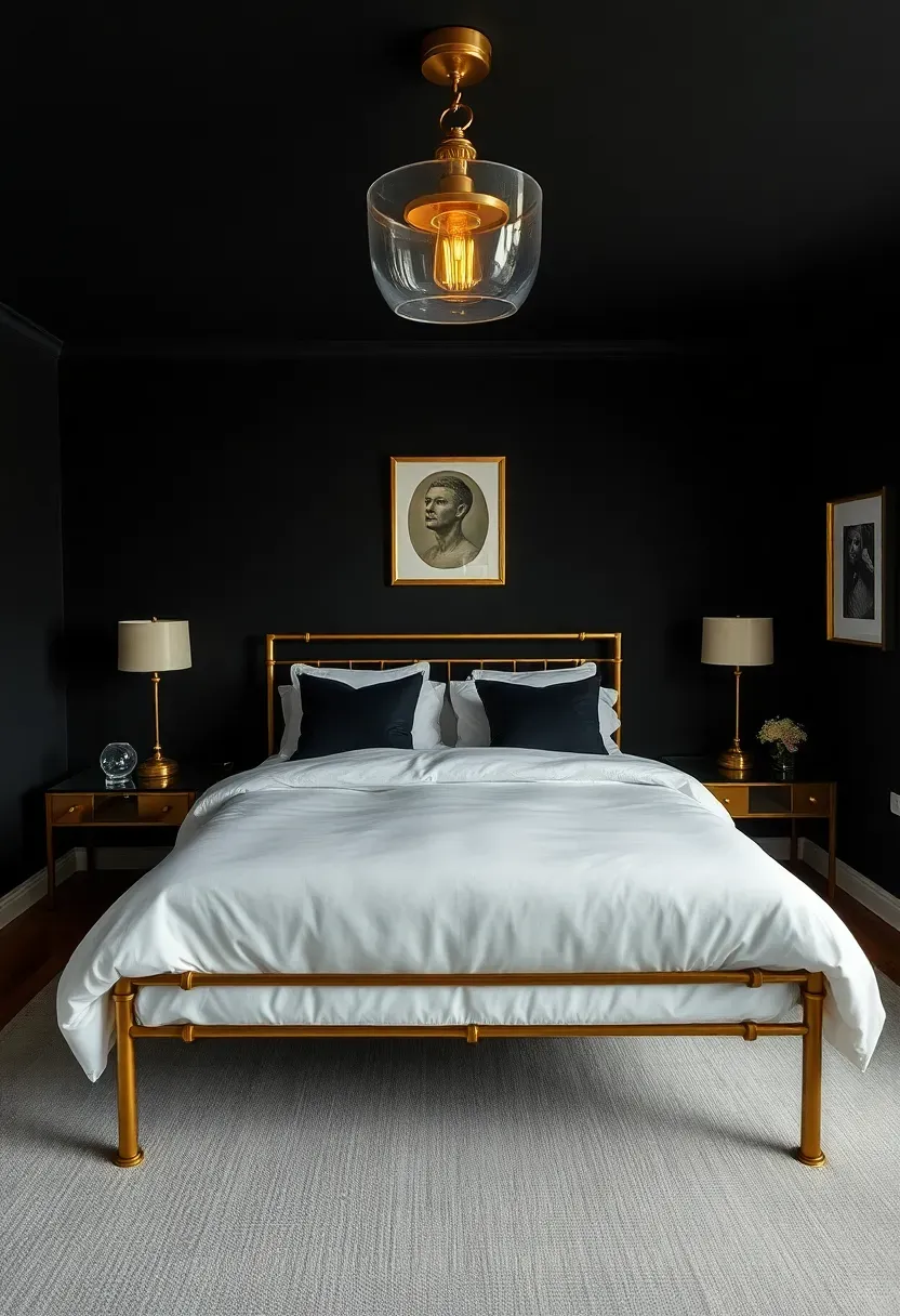 Hyper-realistic wide shot of a moody bedroom with black walls, queen bed with white duvet and black accent pillows, brass bed frame, brass bedside table lamps, brass ceiling light fixture. Visible room context with light gray area rug, brass-framed art on walls. Materials: matte black paint, polished brass, crisp white cotton. Warm golden reflections from brass fixtures, soft shadows on white bedding. No text, no logos, no watermarks.</p>