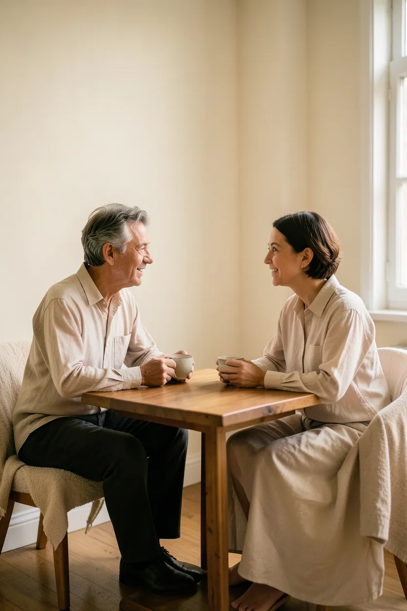 Two people sharing coffee at a minimal kitchen table — quality connection as a core minimalist lifestyle value