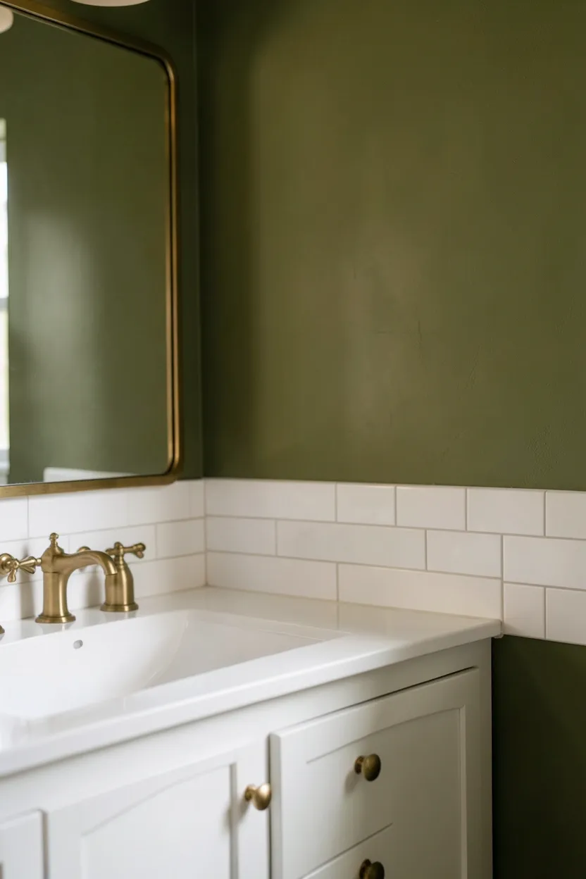 Apartment bathroom with olive green accent wall behind a white pedestal sink, brass mirror frame, and cream towels for a warm earthy contrast