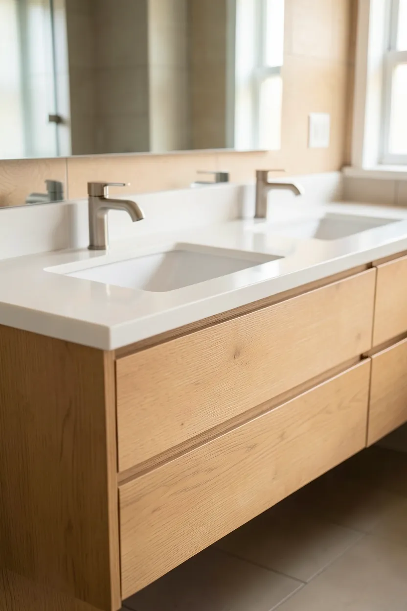 Off-white ceramic wall tiles with charcoal dark grout lines creating subtle grid pattern in a modern bathroom