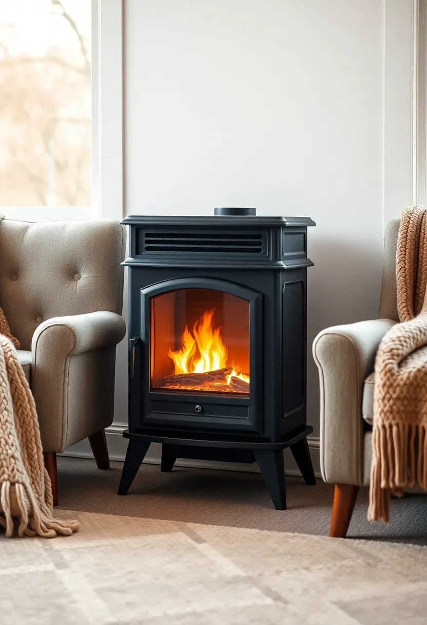 Small freestanding electric stove fireplace with realistic flame effect in a cozy sunroom with armchairs, blankets, and warm ambient lighting