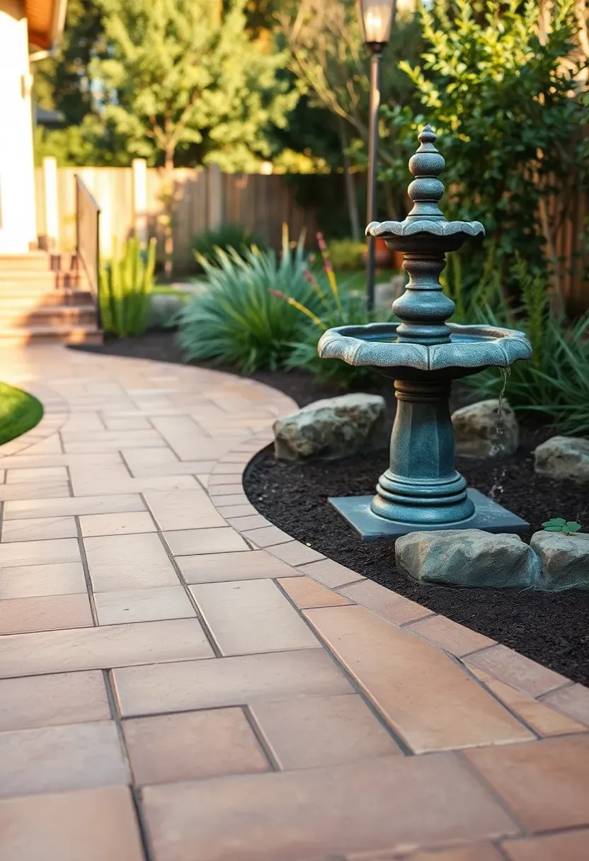 A stamped concrete backyard walkway with a natural stone pattern in warm earth tones curving past a garden fountain
