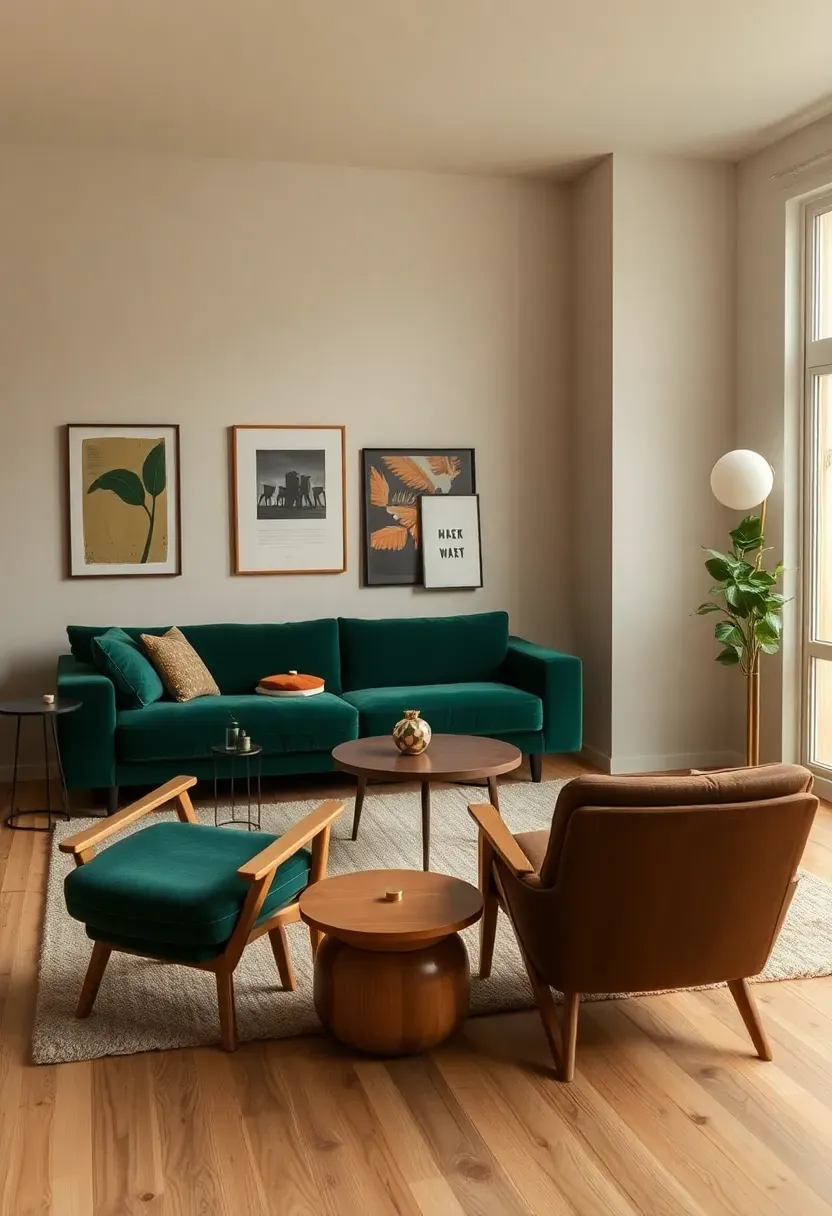 Record-console layout with green couch and two chairs
