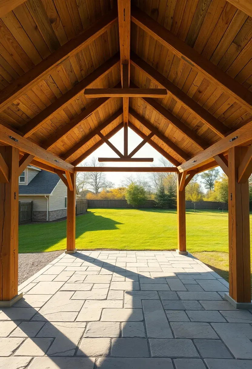 A post-and-beam timber frame pavilion with exposed mortise-and-tenon joinery, a vaulted ceiling with king post trusses, and a stone patio floor in a large backyard