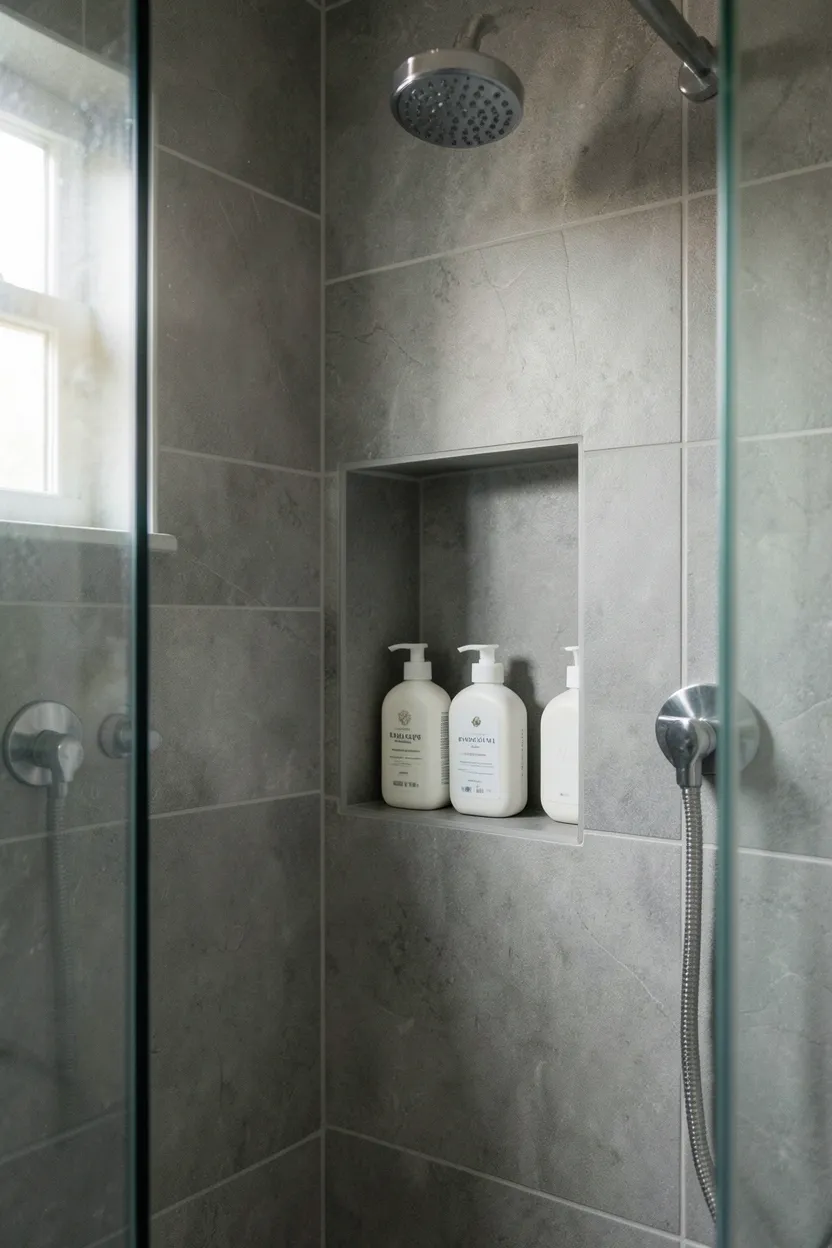 Grey tiled shower wall with built-in recessed niche shelving holding soap and shampoo bottles in a clean modern bathroom