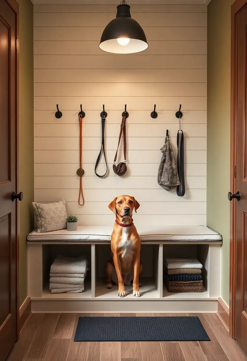 Sage green shiplap mudroom entry with wall-mounted leash hooks, built-in bench with waterproof cushion, open cubbies with towels, and Labrador on rubber mat
