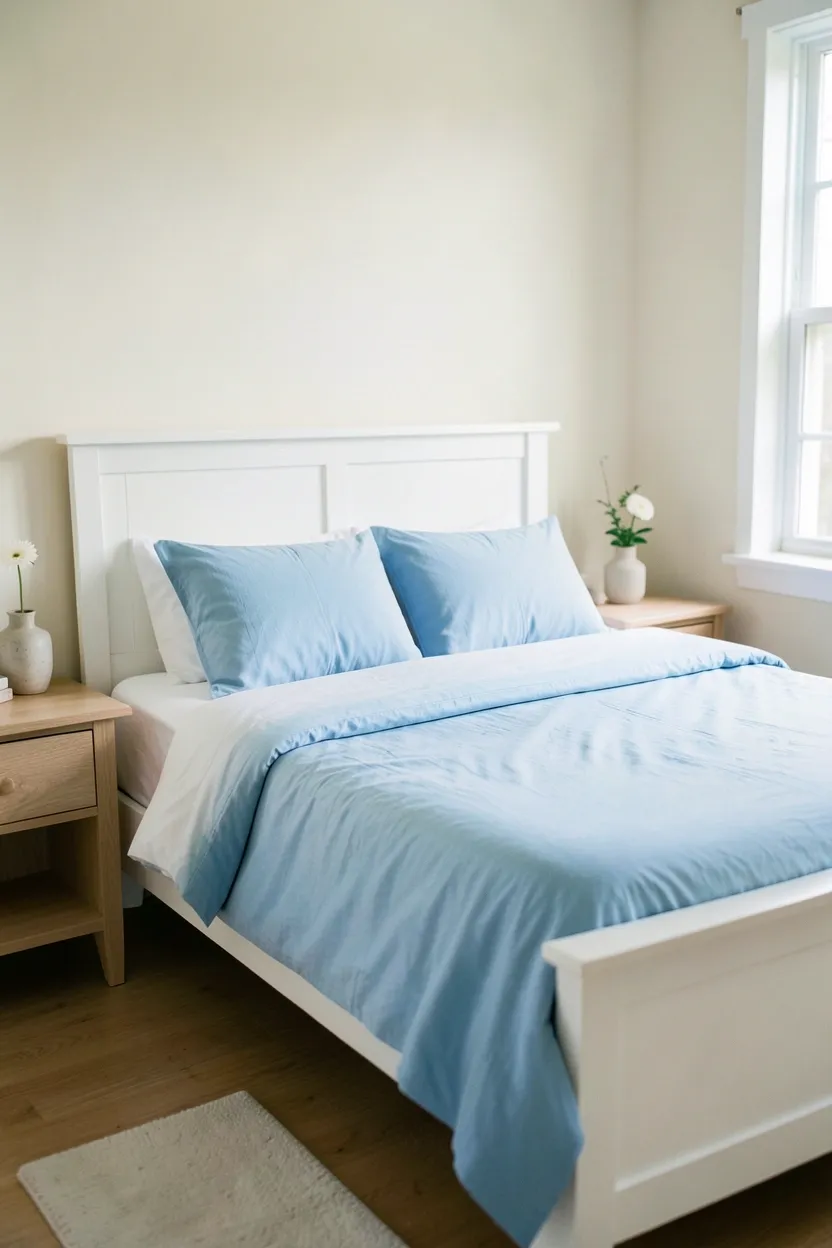 Hyper-realistic eye-level photograph of neatly made bed with sky blue duvet cover and white sheets and pillowcases. Queen bed frame in white wood, two nightstands in light oak, small ceramic vase on one nightstand with single flower. Neutral cream walls, natural light from window. Materials: cotton sky blue duvet, white cotton sheets, white wood bed frame, oak nightstands. Bright morning natural light, airy cloud-like atmosphere. Shallow depth of field, sharp details on duvet texture, balanced composition showing bed and nightstands. No text, no logos, no watermarks.</p>