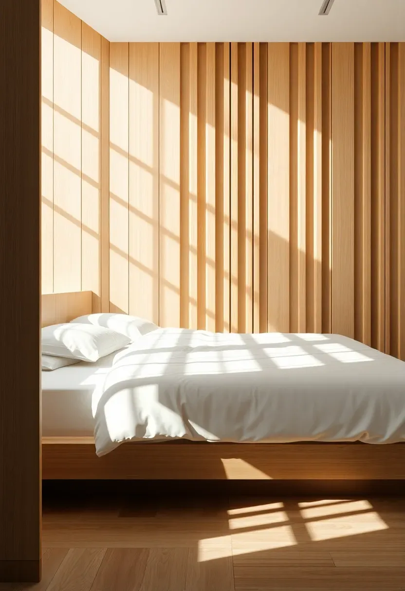 modern bedroom with horizontal wooden slatted divider accent wall partially separating the sleeping area from a reading nook with diffused natural light