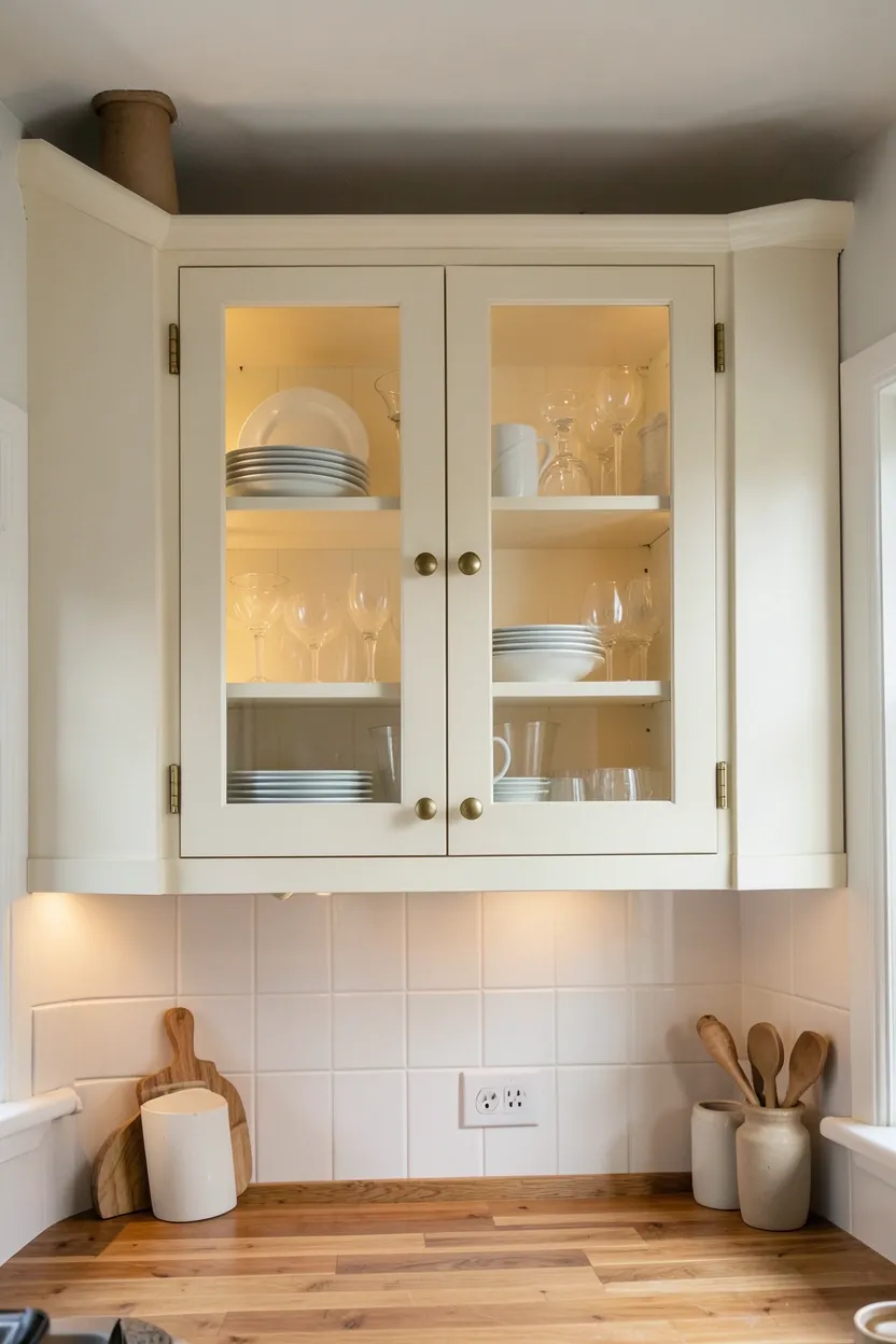 Glass-front upper cabinets in a small cottage kitchen displaying white dishes and vintage glassware — charming storage with display